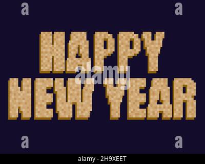 Happy New Year in pixel art style. Gold color text on black background in 8 bit retro video game style. Festive design for greeting cards, posters and Stock Vector