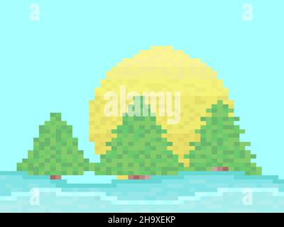Winter landscape in pixel art style. 8 bit sun and snow-covered hills with fir trees. Snowy wavy landscape. Design for prints and posters, promotional Stock Vector