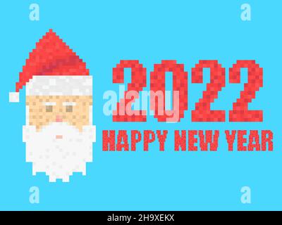 2022 Happy New Year in pixel art style. Congratulations text and Santa Claus in 8 bit retro video game style. Festive design for greeting cards, poste Stock Vector