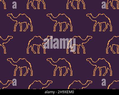 Pixel camels seamless pattern. Camels in the style of 8 bit video games, retro style. Design for printing, wrapping paper and advertising. Vector illu Stock Vector