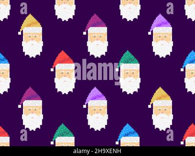 Pixel art Santa Claus seamless pattern. Pixel Santa Claus icon set in retro style 8 bit graphics. Festive design for greeting cards, posters and banne Stock Vector