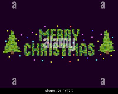 Merry Christmas, pixel art. Pixelated text in the style of 8 bit retro games from the 80s and 90s. Design for greeting card, banner and invitation. Ve Stock Vector