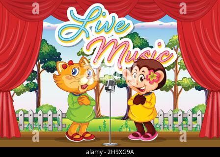 Cat and monkey performing singing on stage illustration Stock Vector