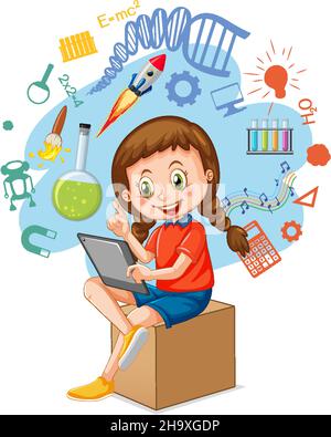 Young girl using tablet with education icons illustration Stock Vector