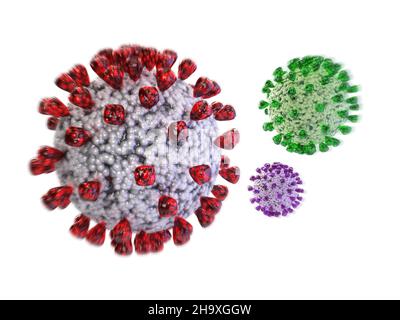 Covid-19, Variants, Alpha, Beta, Gama, Delta, Omicron, Virus, Coronavirus. 3d Rendering Concept Illustration. Epidemic, Flu, Global Pandemic, outbreak Stock Photo