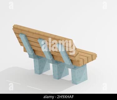 Park bench, a digital art of public outdoor wooden plank bench for relaxation isometric voxel raster 3D illustration render on white background. Stock Photo