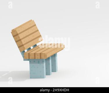 Park bench, a digital art of public outdoor wooden plank bench for relaxation isometric voxel raster 3D illustration render on white background. Stock Photo