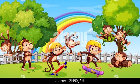 Monkeys doing different activities in park scene illustration Stock Vector