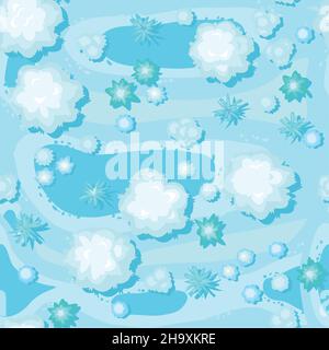 Winter landscape top view. Snowy frosty nature in cold season. From high. White drifts of snow. Seamless Illustration in cartoon style flat design. Ve Stock Vector