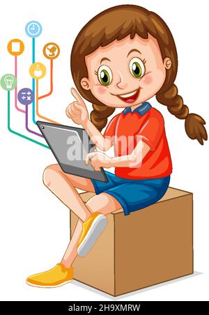 Young girl using tablet with education icons illustration Stock Vector