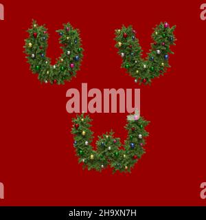 3D rendering of christmas wreath-style alphabet - letters U-W Stock Photo