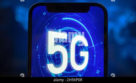 Futuristic 5G networks for mobile phone. Business background, concept of high speed mobile internet. Global communication system, data transfer, smart Stock Photo