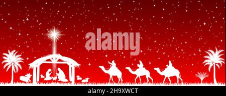 Scene of the Nativity of Jesus Christ on a red background. Baby Jesus, Mary and Joseph. Sages on camels with gifts for a born baby. A bright star shin Stock Vector