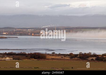 Demolition of Longannet power station chimney. Scotlands last coal generating station closed in 2016. The 600' chimney was demolished 9am 09/12/21. Stock Photo