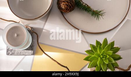 Creative flat lay overhead top view office supplies on white yellow table workspace, Interior element, background copy space concept