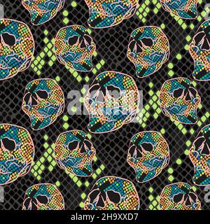 Skull pattern with snake skin texture. Seamless neon dark grunge boho background for textile print. Stock Vector