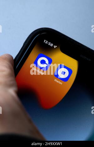 Coinbase, is an American company that operates a cryptocurrency exchange platform. App and platform for cryptocurrency trading. Stock Photo