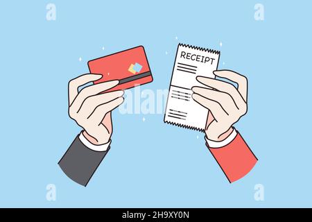 Man hold receipt and credit debit card make purchase in shop or store. Person client show bill buy offline with cashless payment method. Consumerism and easy banking. Flat vector illustration.  Stock Vector