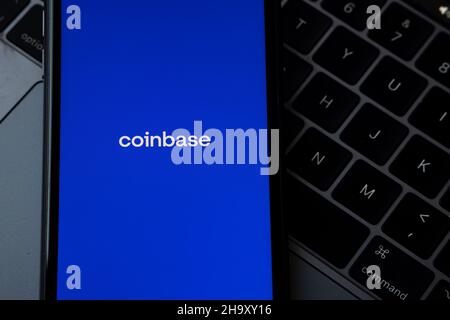 Coinbase, is an American company that operates a cryptocurrency exchange platform. App and platform for cryptocurrency trading. Stock Photo