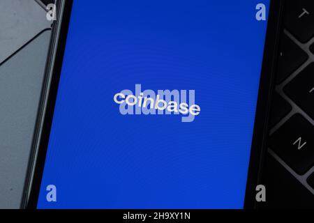 Coinbase, is an American company that operates a cryptocurrency exchange platform. App and platform for cryptocurrency trading. Stock Photo