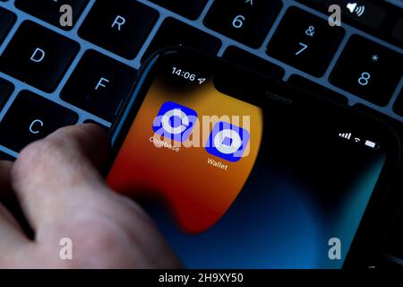 Coinbase, is an American company that operates a cryptocurrency exchange platform. App and platform for cryptocurrency trading. Stock Photo