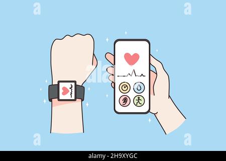 Person with tracker device on hand wrist use application on smartphone. Man use modern app on watch and cellphone check health and pace. Technology and healthcare concept. Vector illustration.  Stock Vector