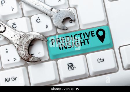 Sign displaying Predictive Insight. Conceptual photo Proactive Fault Management System an Early Detection Writing Comments On A Social Media Post Stock Photo