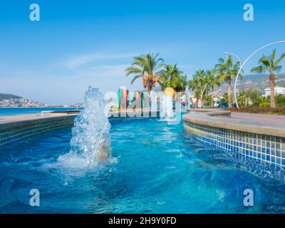 ALANYA, TURKEY - OCT 30, 2021. Fountain on the city seafront Stock Photo