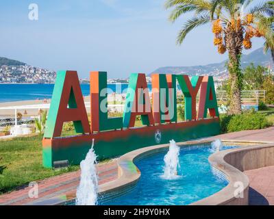 ALANYA, TURKEY - OCT 30, 2021. Alanya inscription on the seafront Stock Photo