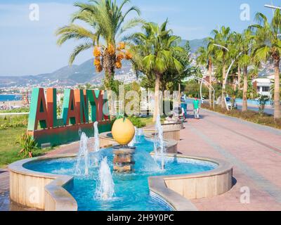 ALANYA, TURKEY - OCT 30, 2021. Alanya inscription and fountain Stock Photo