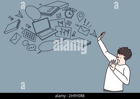 Anxious young man overwhelmed with information overload stop digital flow. Worried guy have data abundance overstock, reject notification. Virtual hygiene concept. Flat vector illustration.  Stock Vector
