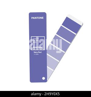 CARLSTADT, NEW JERSEY, USA - DECEMBER 9, 2021: Announcing the pantone color of the year 2022 - PANTONE 17-3938 Very Peri. Color Guide Sample. Stock Vector
