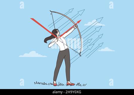 Young businesswoman aim with bow arrow at business goal achievement or success. Confident woman employee reach accomplishment. Income and investment. Target achieve. Vector illustration.  Stock Vector