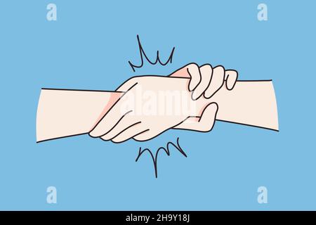 Close up of people hold join hands show strong bond and unity. Persons demonstrate support and help. Friendship and partnership. Togetherness concept. Flat vector illustration, cartoon character.  Stock Vector