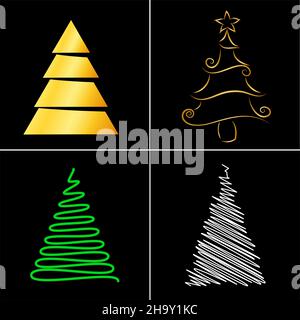 abstract christmas tree set. Holiday illustration isolated on black. Stock Vector