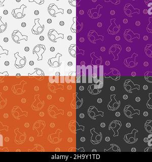 set of seamless patterns with Baby rocking horse. Wooden toy for children in kindergarten. Ornament for decoration and printing on fabric. Design elem Stock Vector