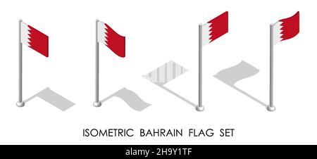 isometric flag of BAHRAIN in static position and in motion on flagpole. 3d vector Stock Vector