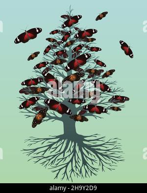 A vector illustration of a tree of life or yggdrasil with  butterfly flowers. The tree has a pointed shape. Stock Vector