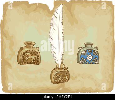 Antique inkwells.  17th century. Vector illustration. Stock Vector