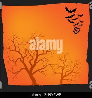 Halloween background. Orange spooky holiday backdrop with flying bats. Vector illustration with copy space. Best for seasonal poster or party invitati Stock Vector