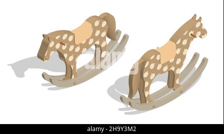Isometric baby rocking horse. Wooden toy for children in kindergarten. Realistic 3D vector isolated on white background Stock Vector