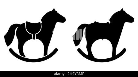 Icon. Baby rocking horse. Wooden toy for children in kindergarten. Simple black and white vecto isolated on white background Stock Vector