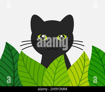 Cute cat hiding behind green leaves. Cat hunting i nature. Vector illustration. Stock Vector