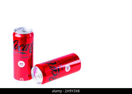 Close up view of two cans of Coca Cola sugar free isolated on white background. Sweden. Uppsala. Stock Photo