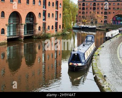 Looking toward Castle Quay and Castlefield Canal Basin from Merchants Bridge in Castlefield Manchester Greater Manchester England Stock Photo