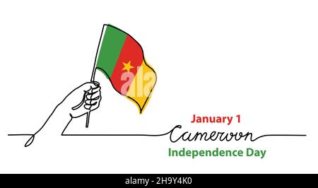 Cameroon flag in the hand. One line art drawing background, banner, poster. Cameroon Independence Day vector background Stock Vector