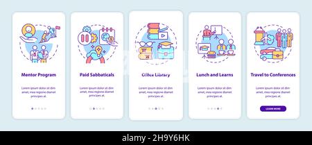 Employee development perks onboarding mobile app page screen Stock Vector