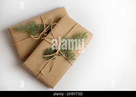 Stack of two handcraft gift boxes on white background Stock Photo