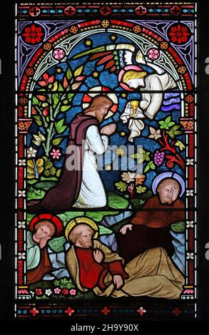 A stained glass window by Frederick Preedy depicting Agony in the Garden, St Mary's Church, Old Hunstanton, Norfolk Stock Photo