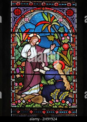 A stained glass window by Frederick Preedy depicting Christ Appearing to Mary Magdalene, St Mary's Church, Old Hunstanton, Norfolk Stock Photo